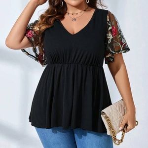 Boho floral embroidered mesh blouse